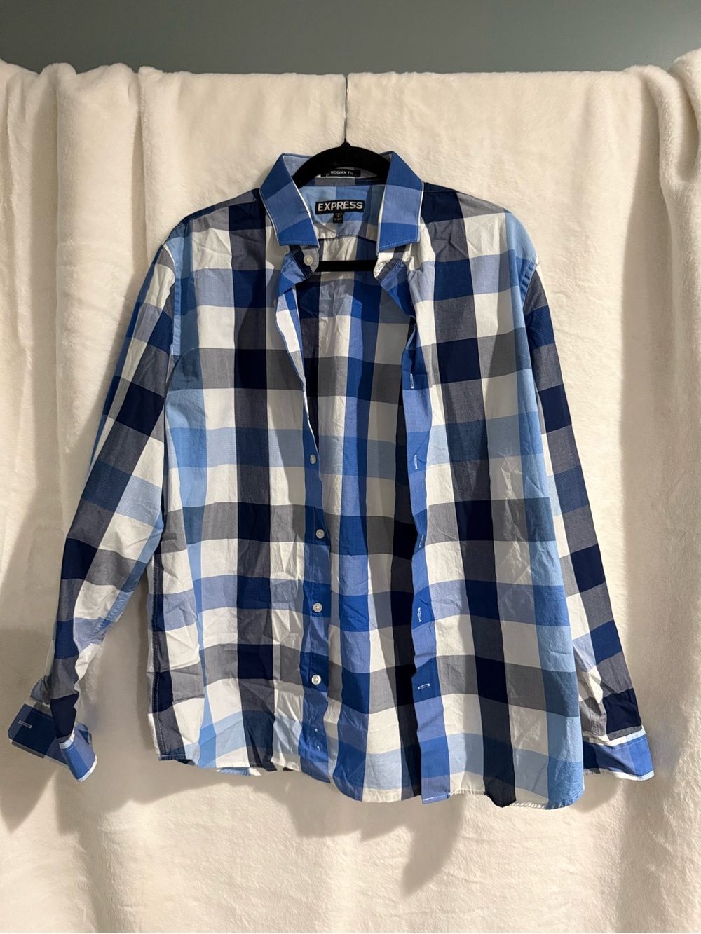 Express Men’s Blue & White Large Check Button-Up Shirt